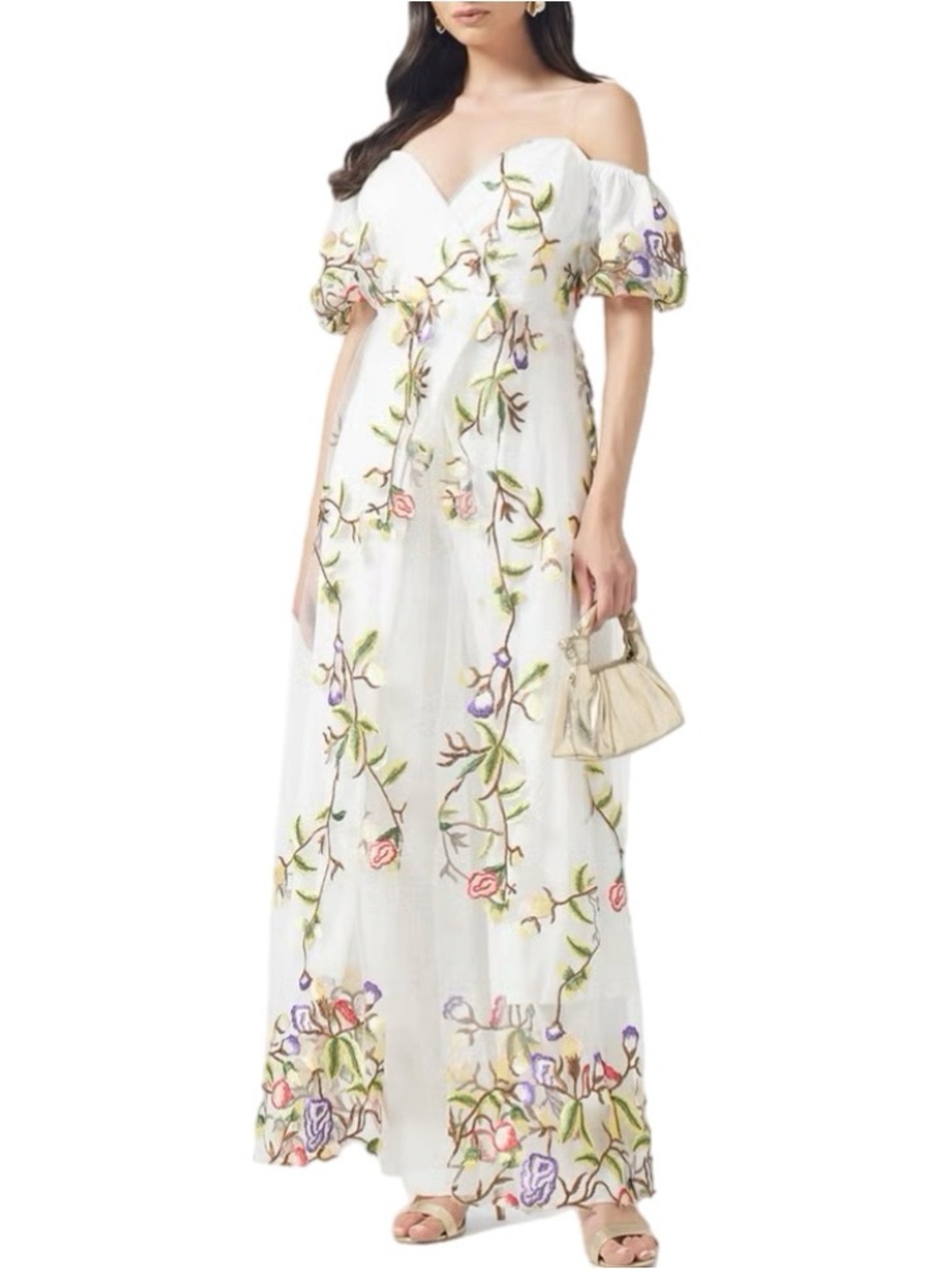 NWT Couture Lee Ivory Floral Embroidered On or Off Shoulder Short Sleeve Maxi 12